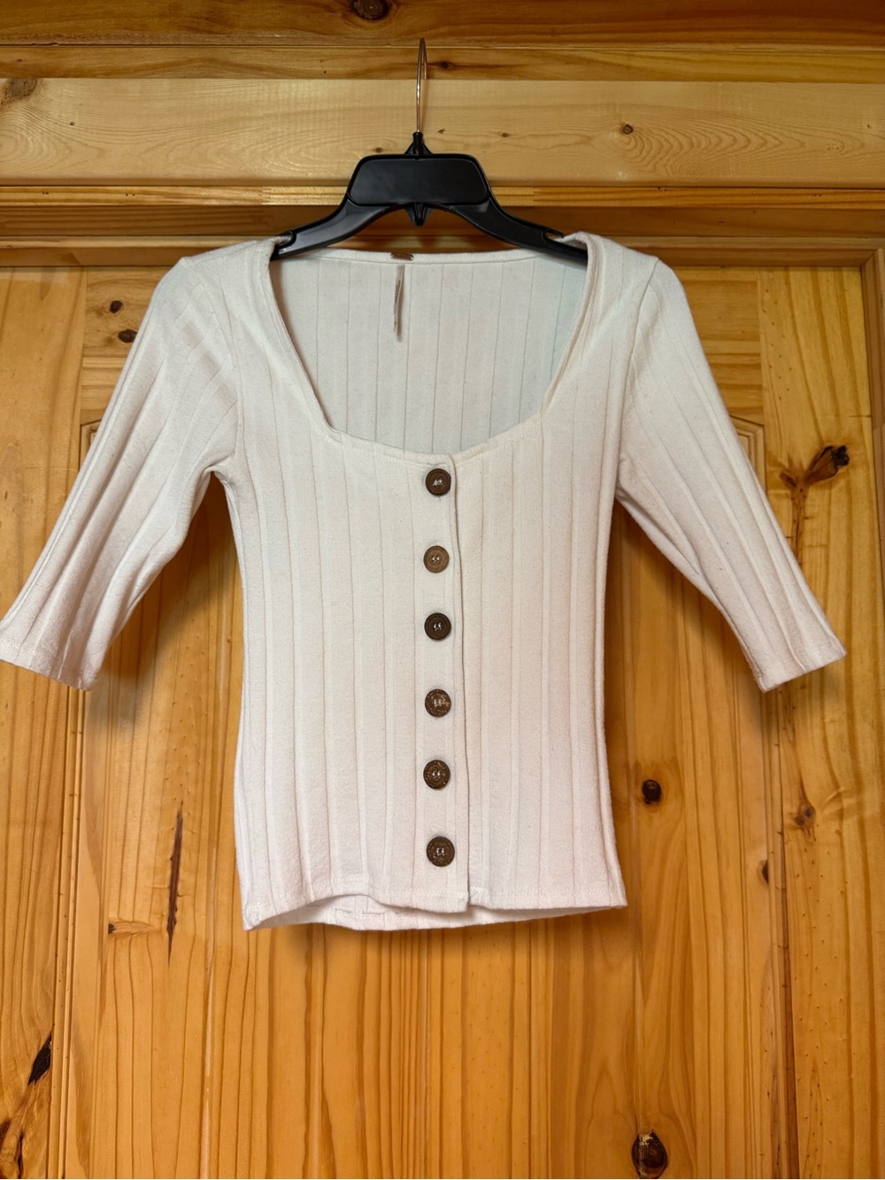 Free People Cream Ribbed Scoop-Neck Button Top